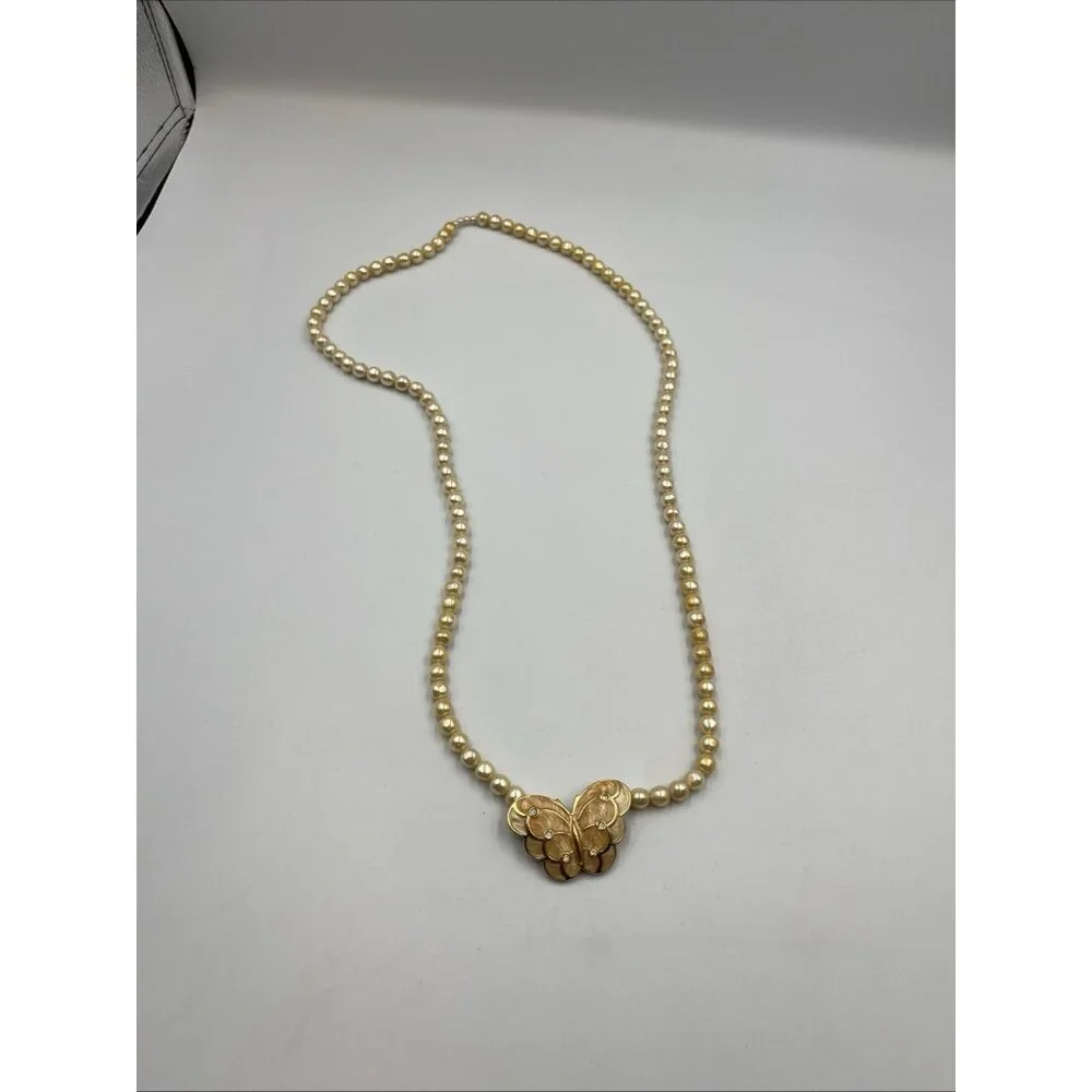 VINTAGE Kenneth Jay Lane KJL for Avon Pearl Enamel Crystal Butterfly Necklace - Picture 10 of 16